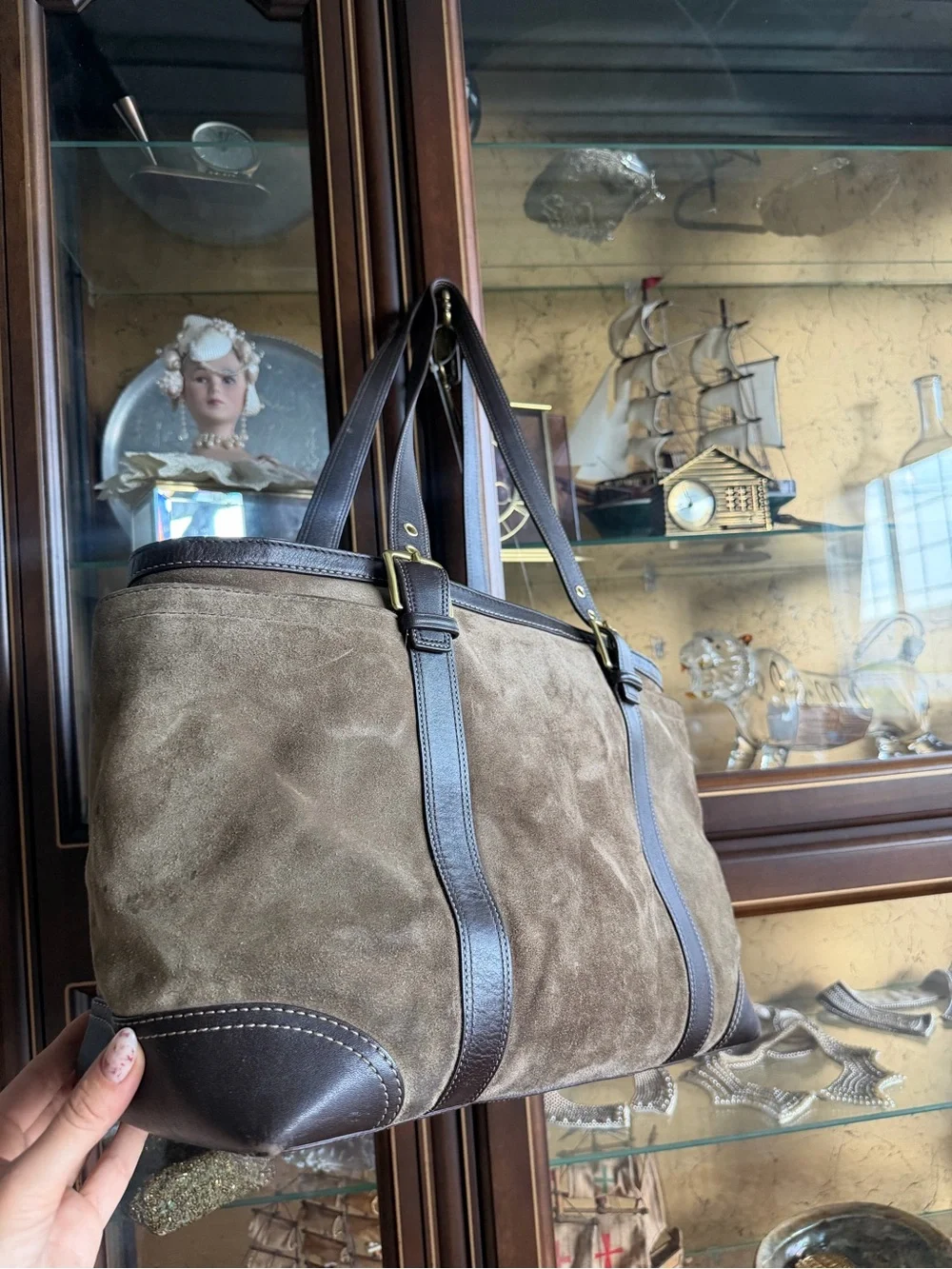 vintage Coach Carly taupe suede and leather shoulder tote featuring dark brown l